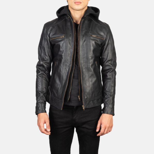 Men's Hector Black Hooded Leather Biker Jacket