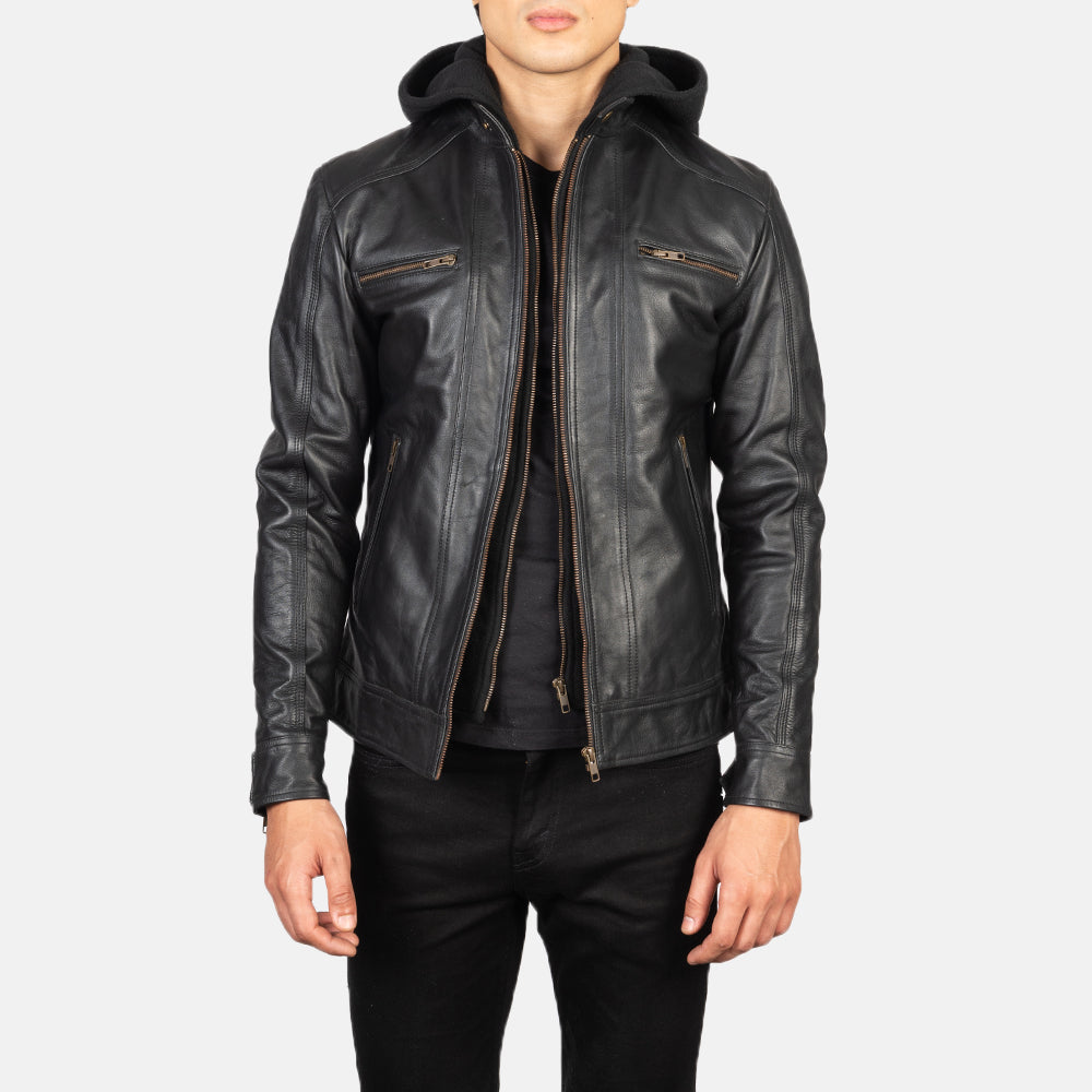 Men's Hector Black Hooded Leather Biker Jacket