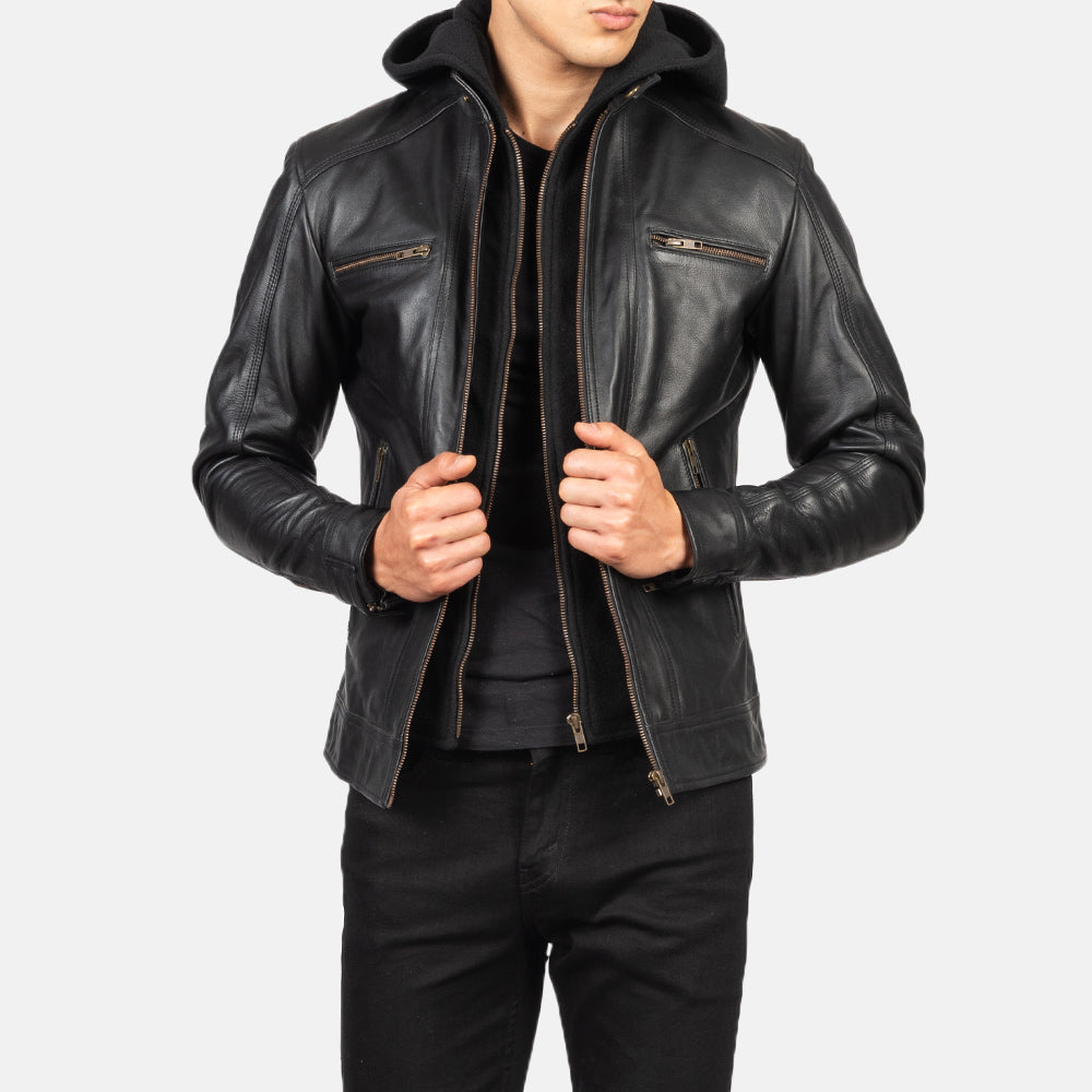 Men's Hector Black Hooded Leather Biker Jacket