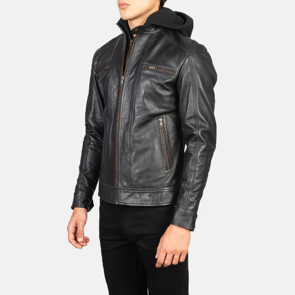 Men's Hector Black Hooded Leather Biker Jacket