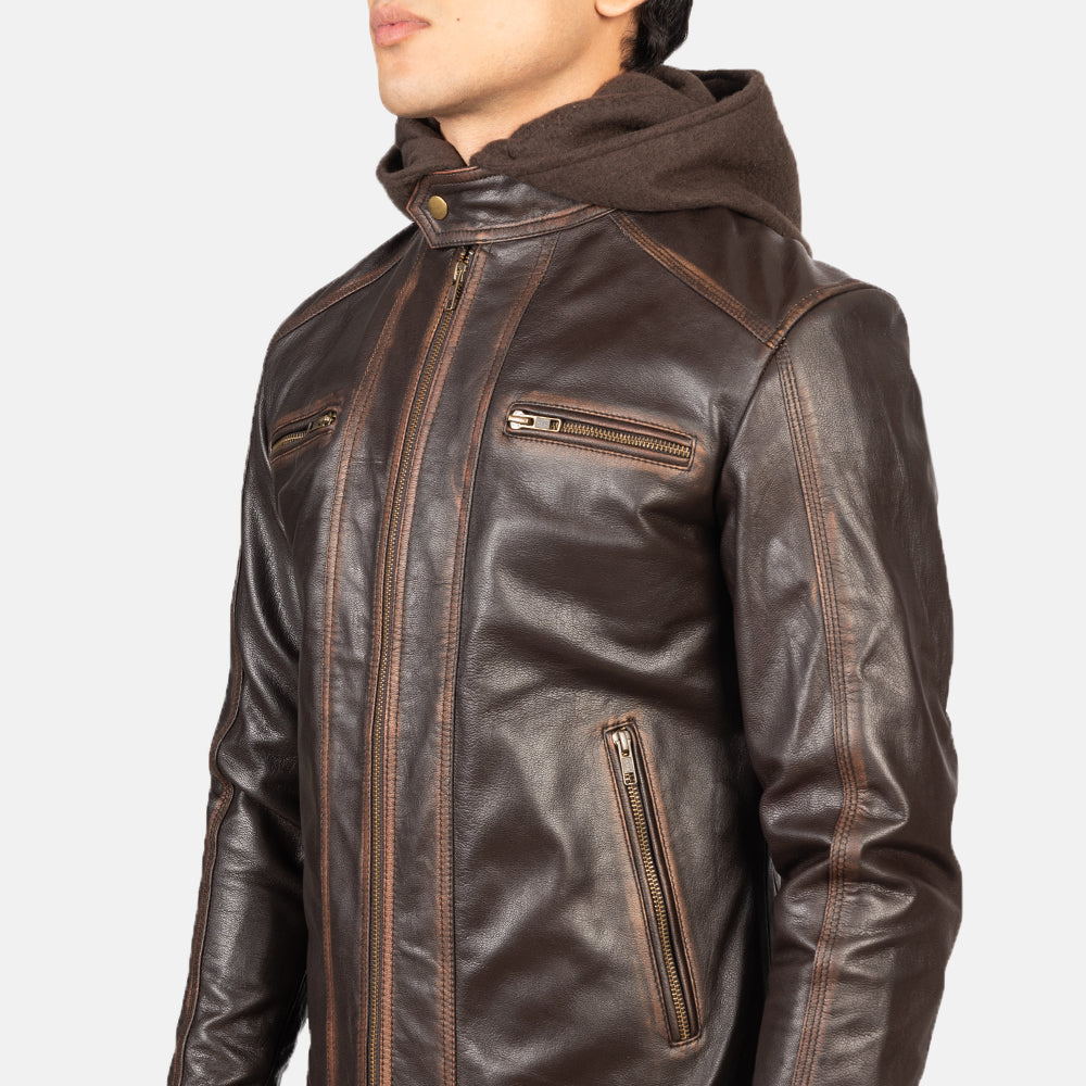 Men's Hector Vintage Brown Hooded Leather Biker Jacket