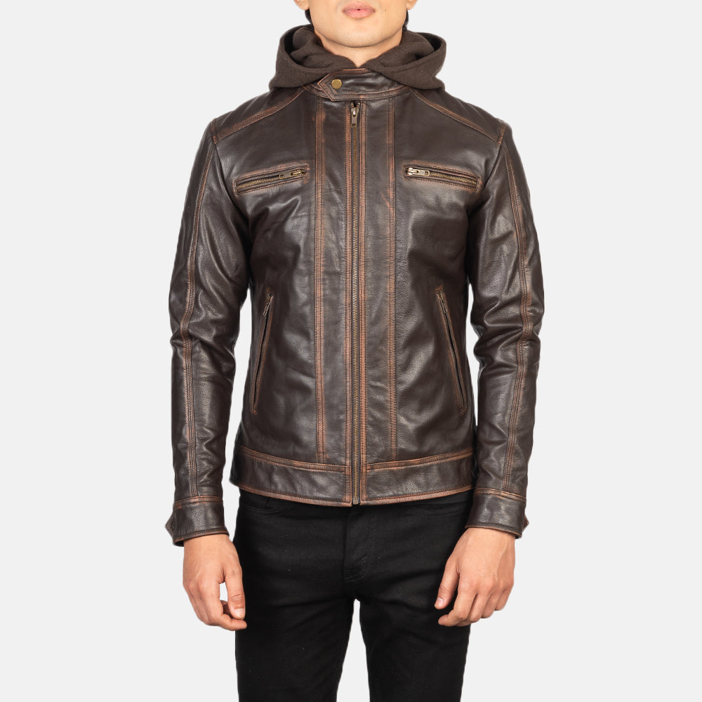 Men's Hector Vintage Brown Hooded Leather Biker Jacket