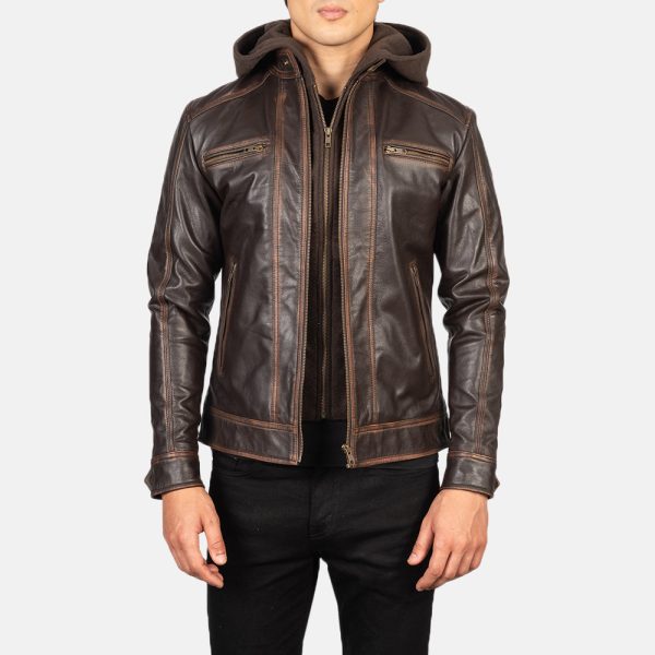 Men's Hector Vintage Brown Hooded Leather Biker Jacket