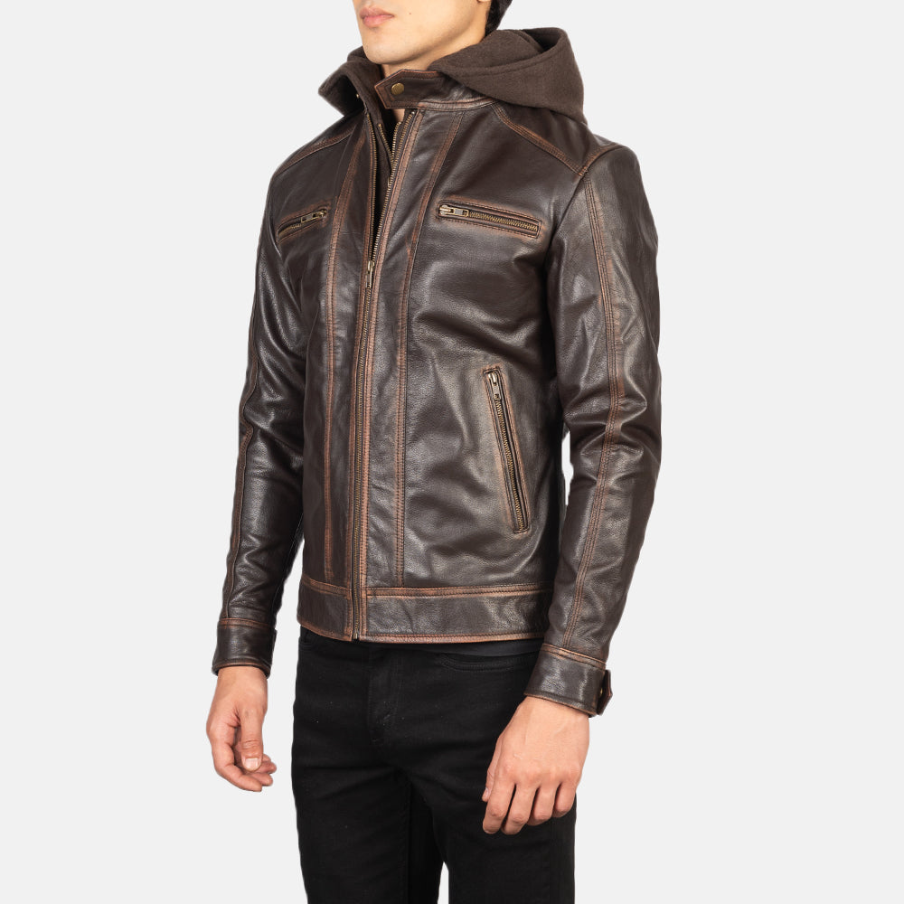 Men's Hector Vintage Brown Hooded Leather Biker Jacket