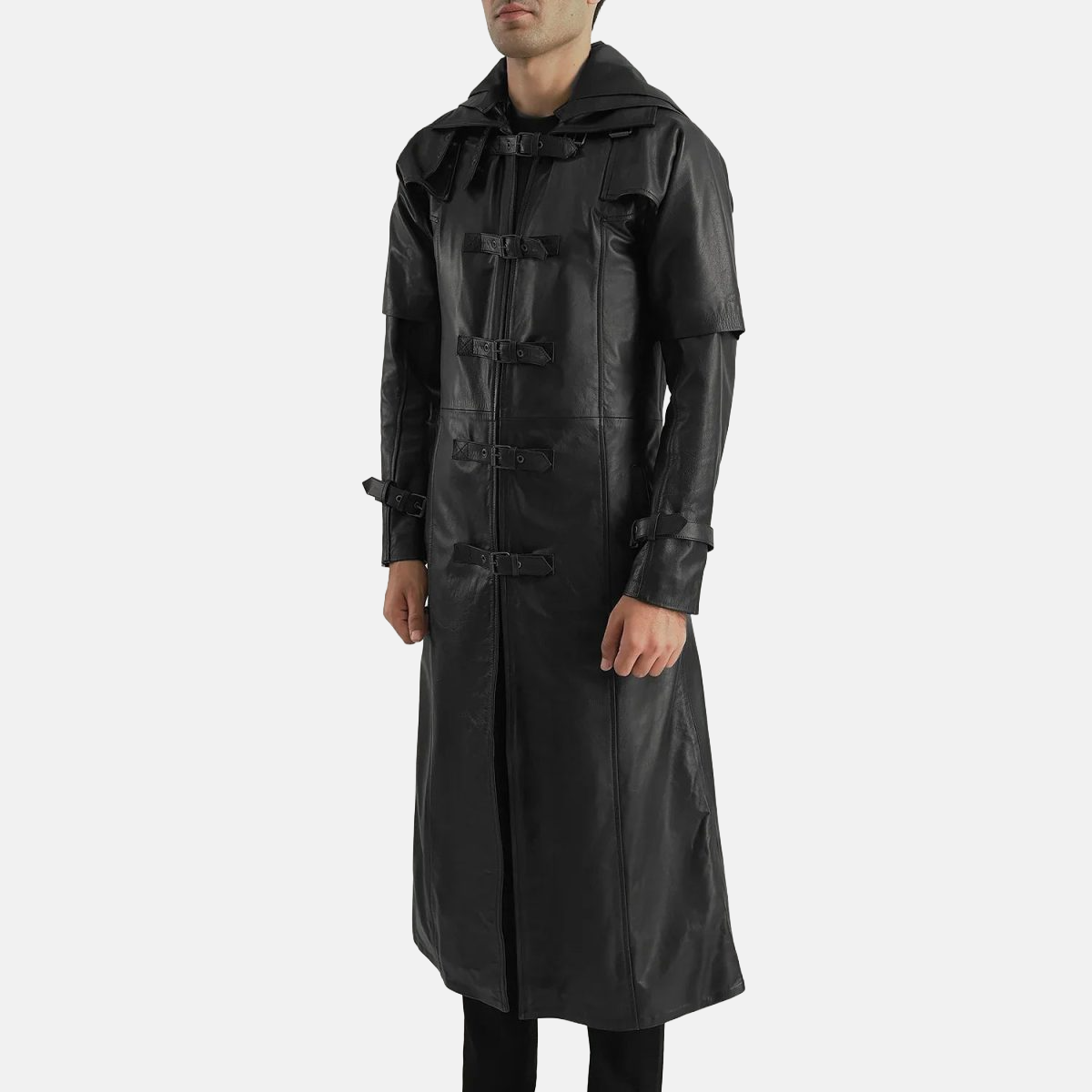 Men's Huntsman Black Hooded Leather Trench Coat