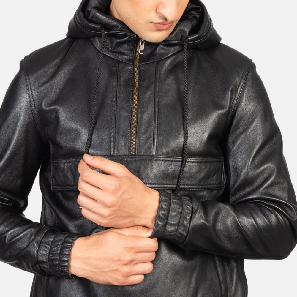 Men's Kenton Hooded Black Leather Pullover Jacket