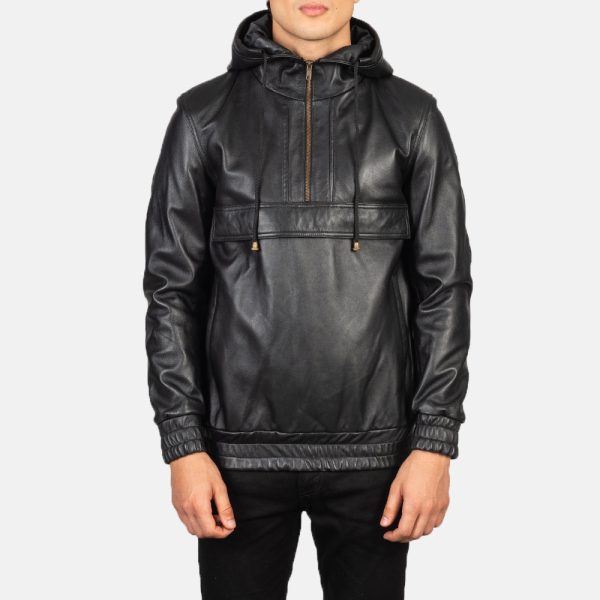 Men's Kenton Hooded Black Leather Pullover Jacket