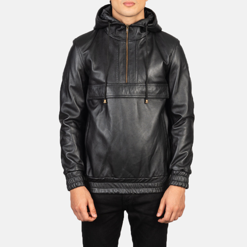 Men's Kenton Hooded Black Leather Pullover Jacket