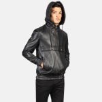 Men's Kenton Hooded Black Leather Pullover Jacket