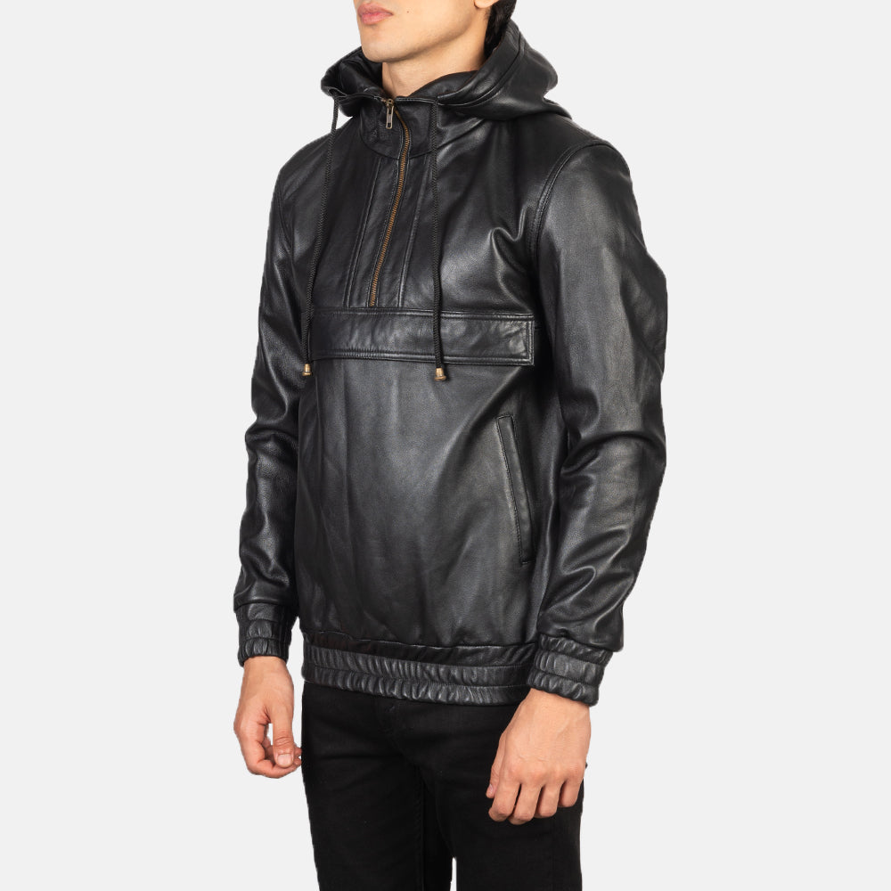 Men's Kenton Hooded Black Leather Pullover Jacket