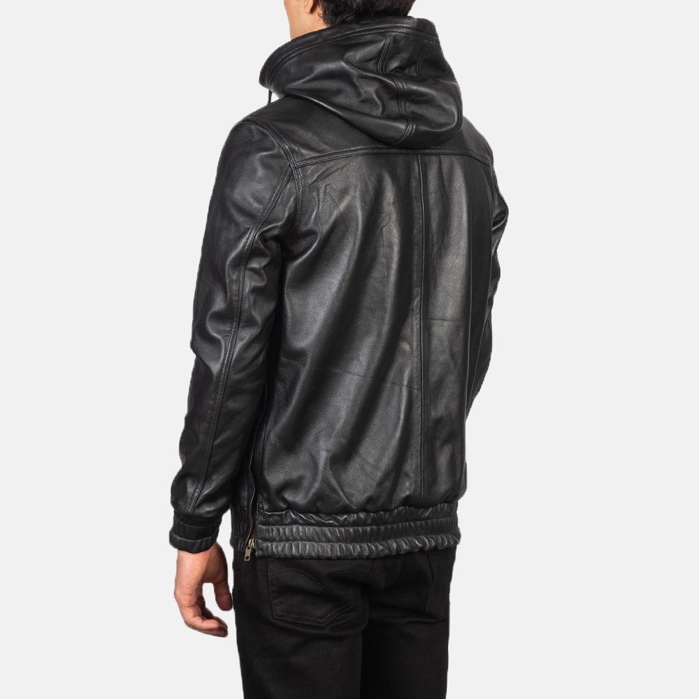 Men's Kenton Hooded Black Leather Pullover Jacket
