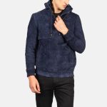 Men's Kenton Hooded Blue Suede Leather Pullover Jacket