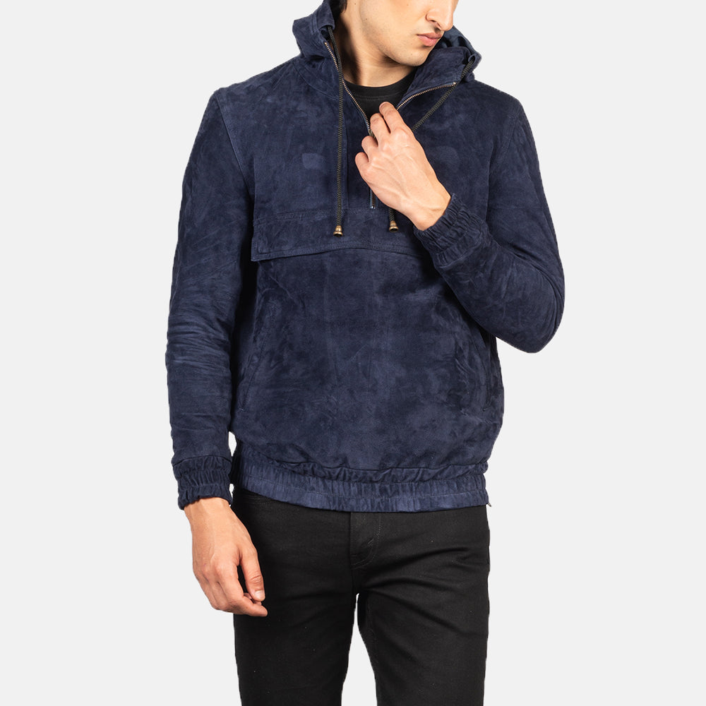Men's Kenton Hooded Blue Suede Leather Pullover Jacket