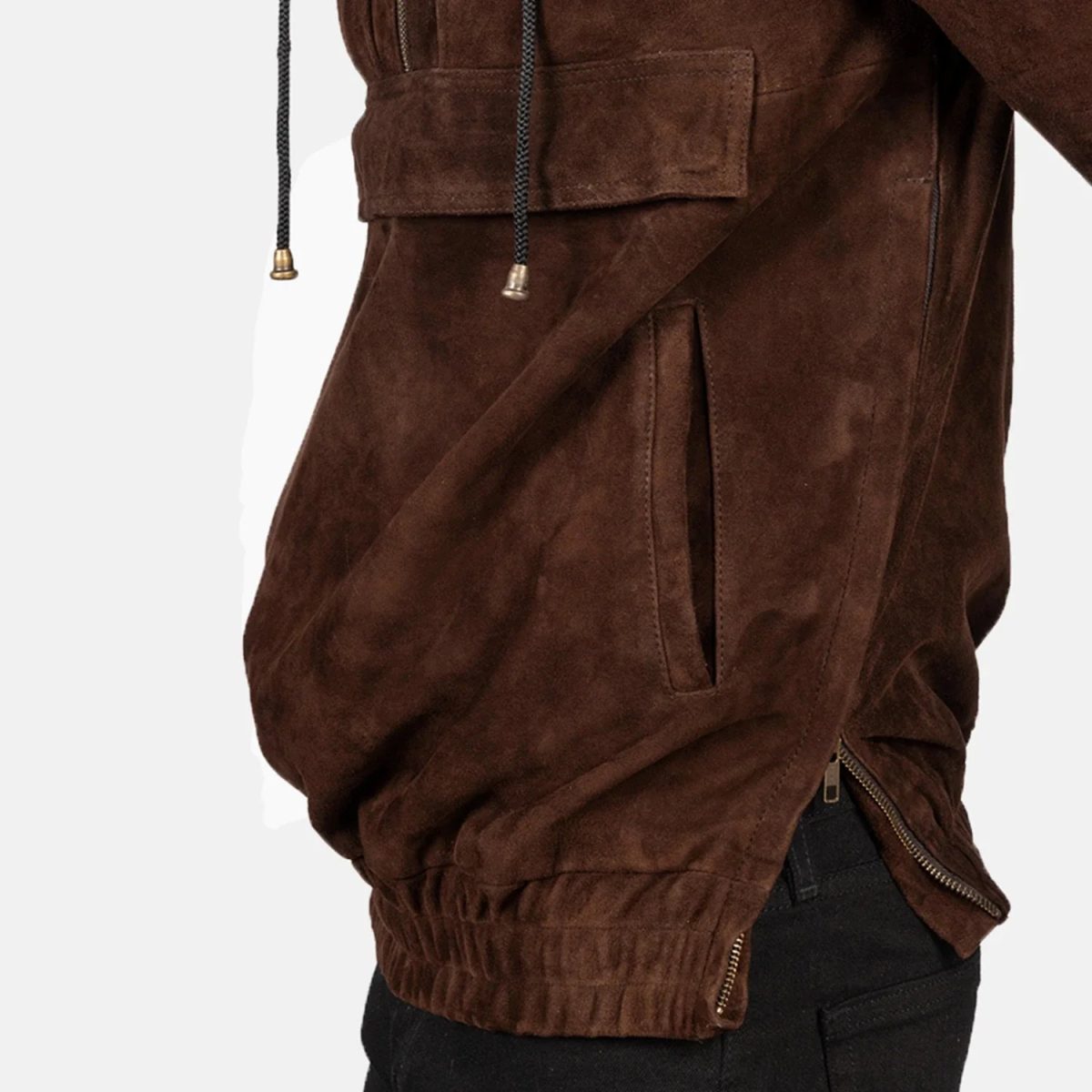 Men's Kenton Hooded Mocha Suede Leather Pullover Jacket