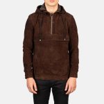 Men's Kenton Hooded Mocha Suede Leather Pullover Jacket