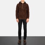 Men's Kenton Hooded Mocha Suede Leather Pullover Jacket