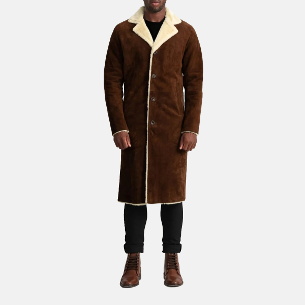 Men's Kolby Brown Suede Leather Shearling Long Coat