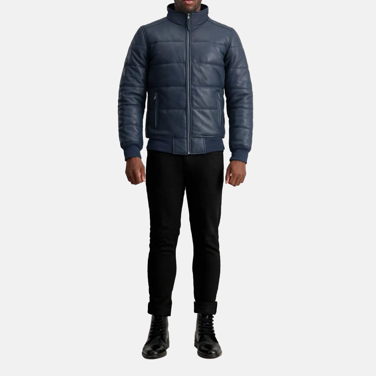 Men's Lucas Blue Leather Puffer Bomber Jacket