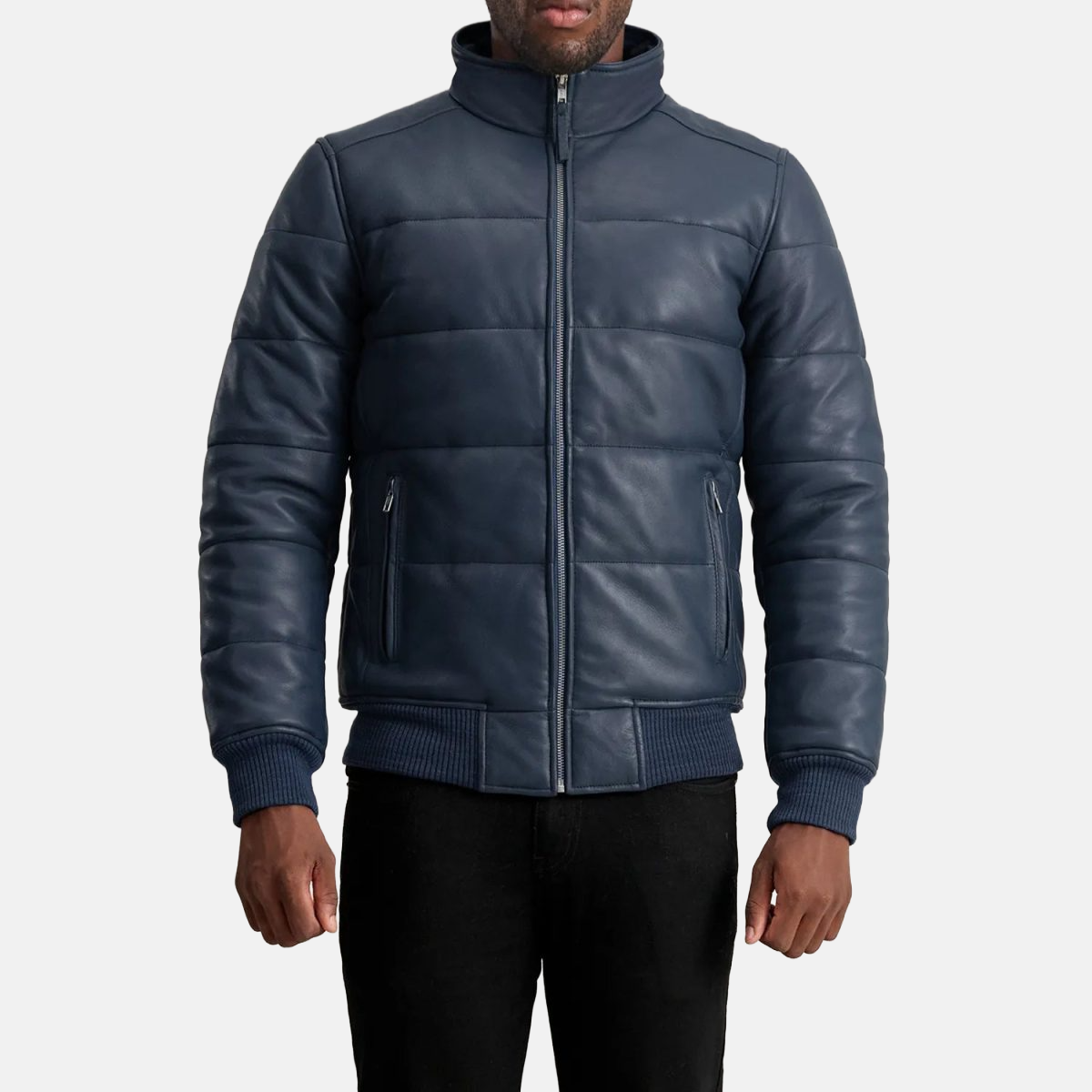 Men's Lucas Blue Leather Puffer Bomber Jacket