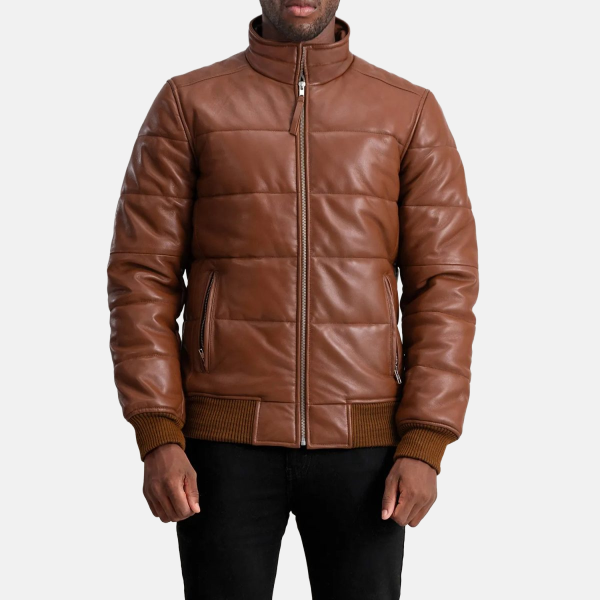 Men's Lucas Brown Leather Puffer Bomber Jacket