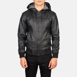 Men's Nintenzo Black Hooded Leather Bomber Jacket