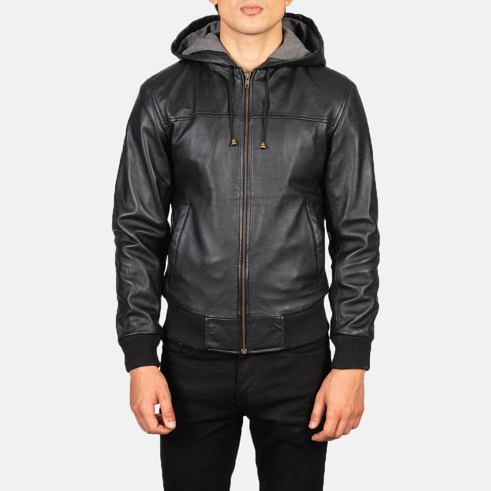 Men's Nintenzo Black Hooded Leather Bomber Jacket