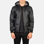 Men's Nintenzo Black Hooded Leather Bomber Jacket