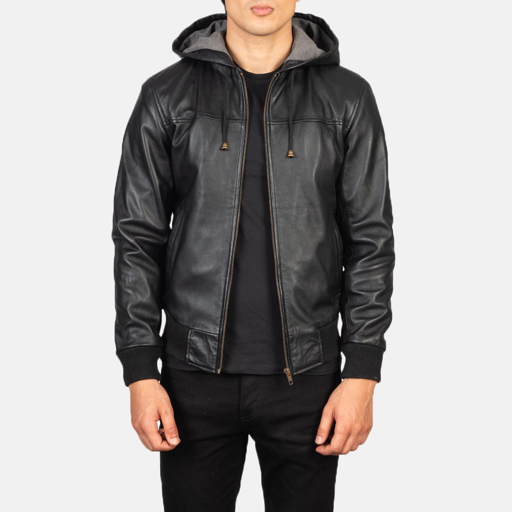 Men's Nintenzo Black Hooded Leather Bomber Jacket