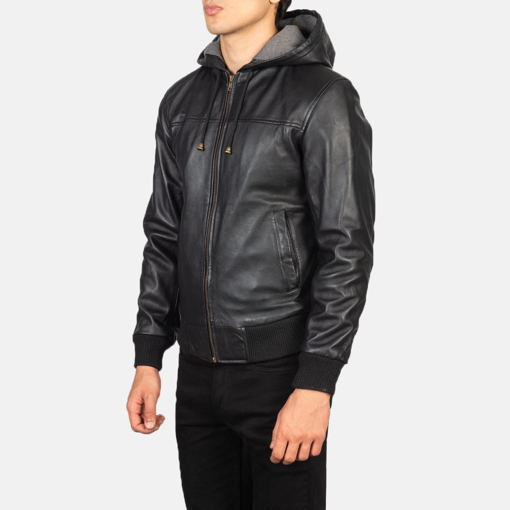 Men's Nintenzo Black Hooded Leather Bomber Jacket