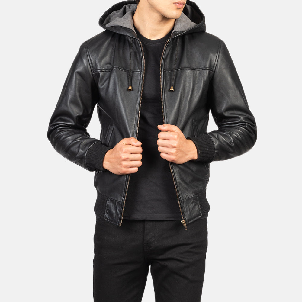 Men's Nintenzo Black Hooded Leather Bomber Jacket