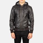 Men's Nintenzo Brown Hooded Leather Bomber Jacket