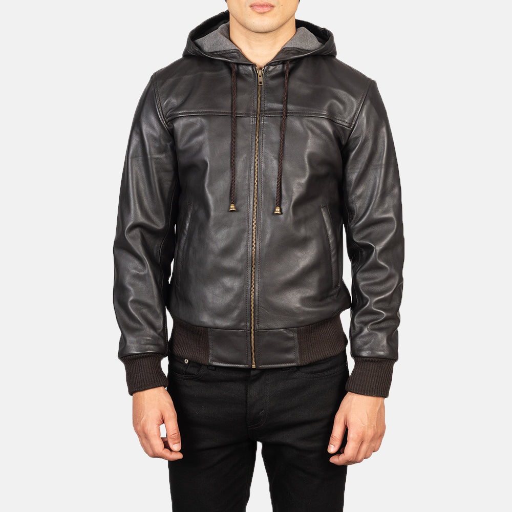 Men's Nintenzo Brown Hooded Leather Bomber Jacket
