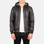 Men's Nintenzo Brown Hooded Leather Bomber Jacket