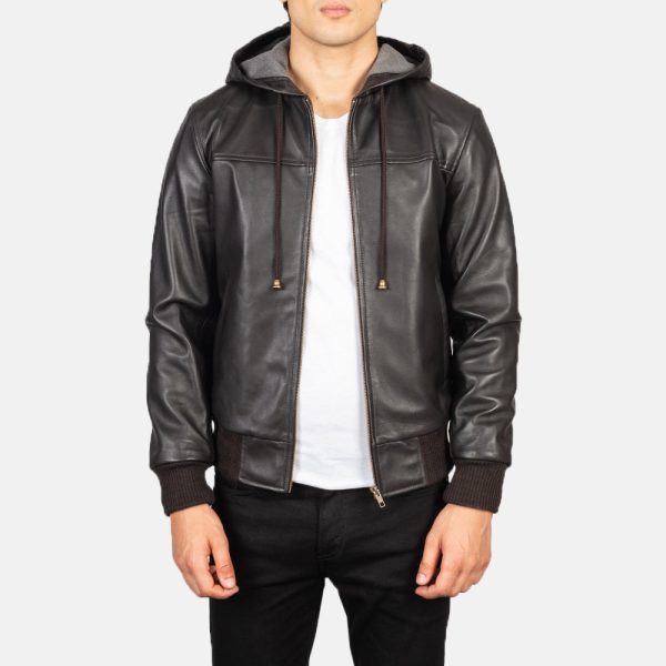 Men's Nintenzo Brown Hooded Leather Bomber Jacket