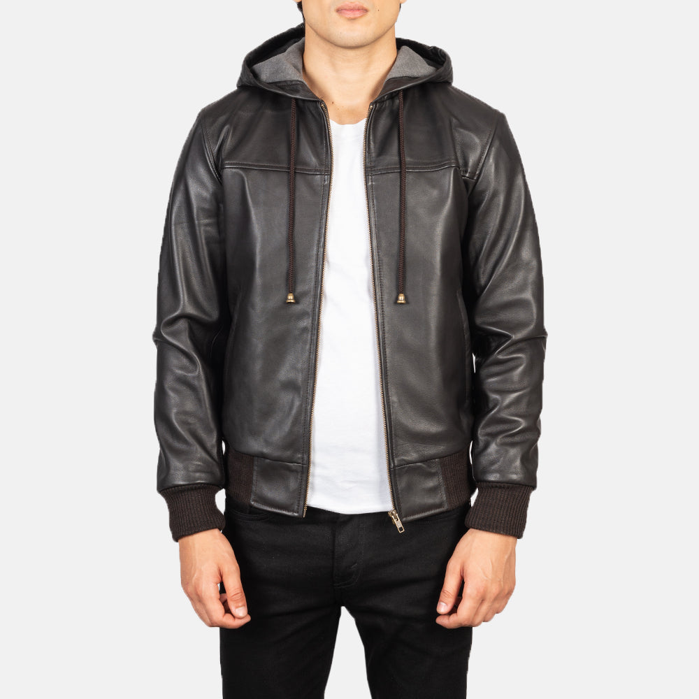 Men's Nintenzo Brown Hooded Leather Bomber Jacket