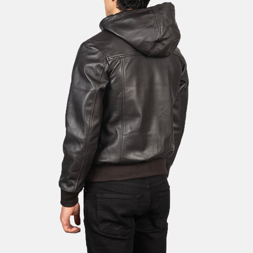 Men's Nintenzo Brown Hooded Leather Bomber Jacket