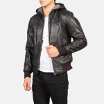 Men's Nintenzo Brown Hooded Leather Bomber Jacket