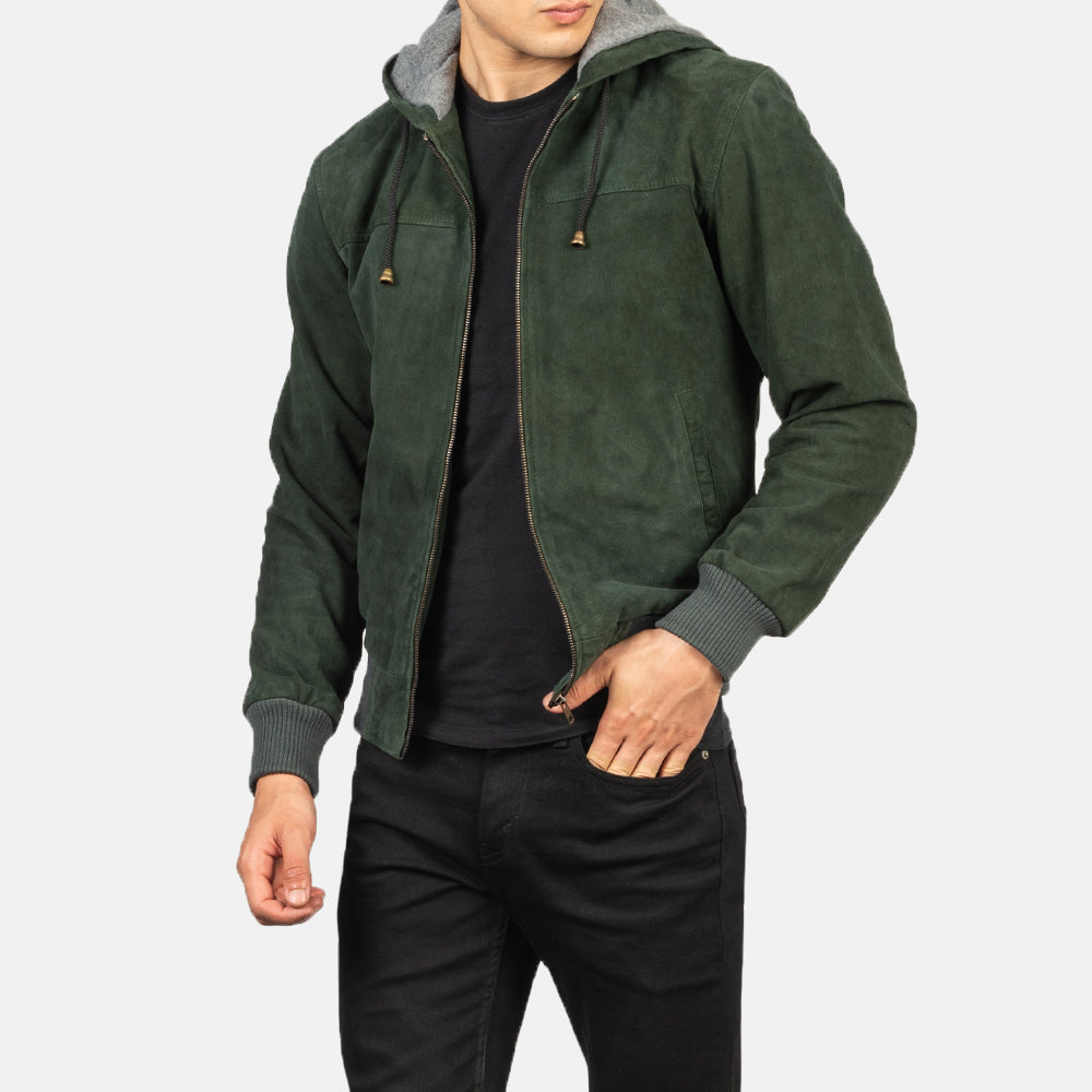 Men's Nintenzo Green Hooded Suede Bomber Jacket