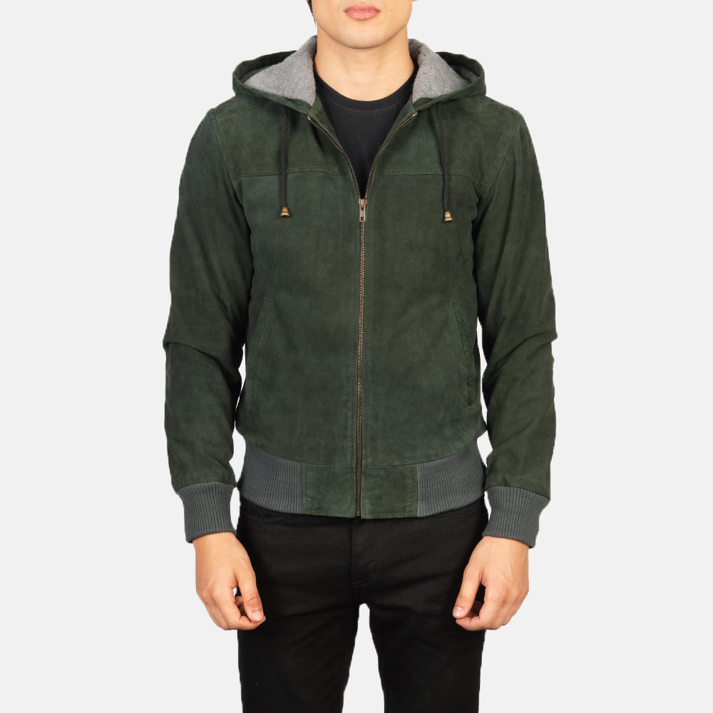Men's Nintenzo Green Hooded Suede Bomber Jacket