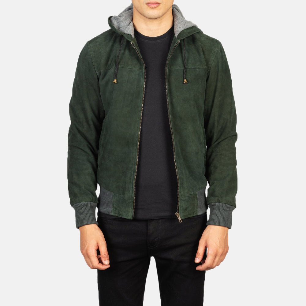 Men's Nintenzo Green Hooded Suede Bomber Jacket
