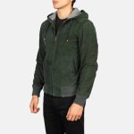 Men's Nintenzo Green Hooded Suede Bomber Jacket