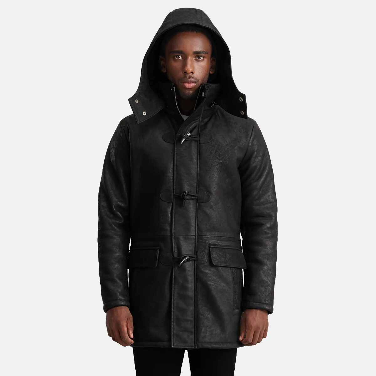 Men's Nolan Black Snuffed Leather Duffle Coat