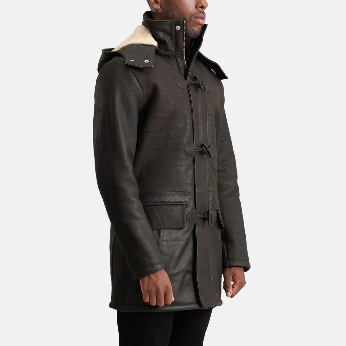 Men's Nolan Tumbled Brown Leather Duffle Coat