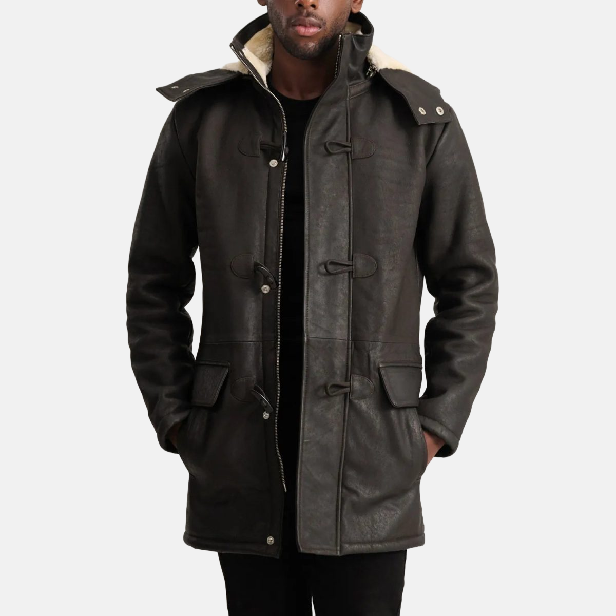 Men's Nolan Tumbled Brown Leather Duffle Coat