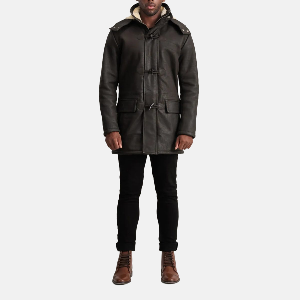 Men's Nolan Tumbled Brown Leather Duffle Coat