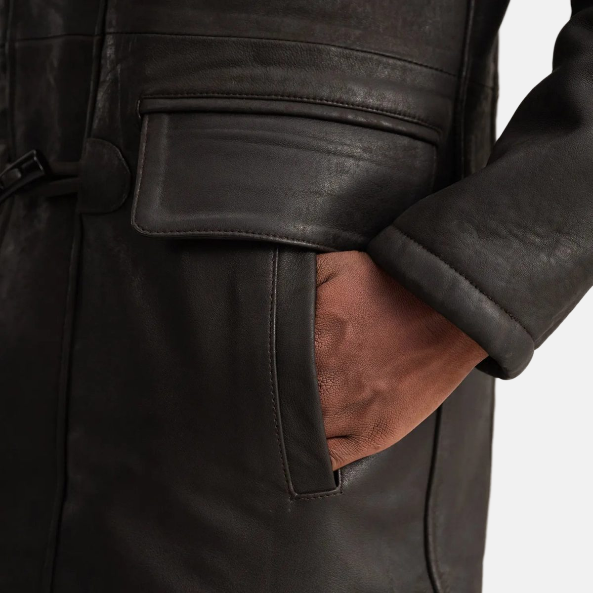 Men's Nolan Tumbled Brown Leather Duffle Coat