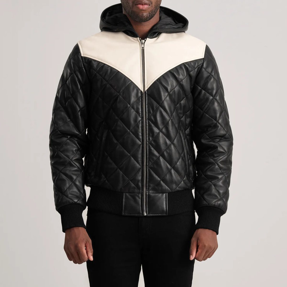 Men's Norman Black Hooded Bomber Leather Puffer Jacket