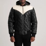 Men's Norman Black Hooded Bomber Leather Puffer Jacket