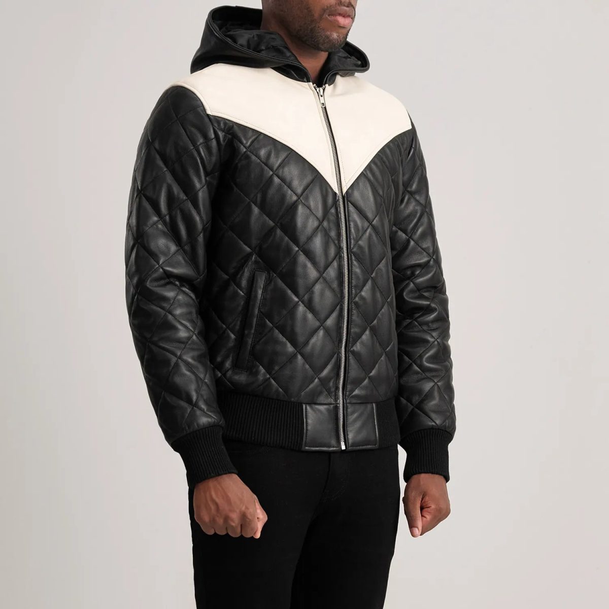 Men's Norman Black Hooded Bomber Leather Puffer Jacket