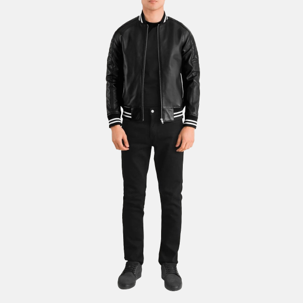 Men's Pascal Black Leather Varsity Bomber Jacket